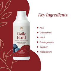 PURE Daily Build bottle with glass on kitchen counter for morning ritual.