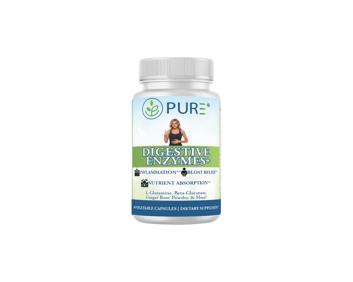 PURE Digestive Enzymes+ bottle front showing advanced enzyme blend for gut support.