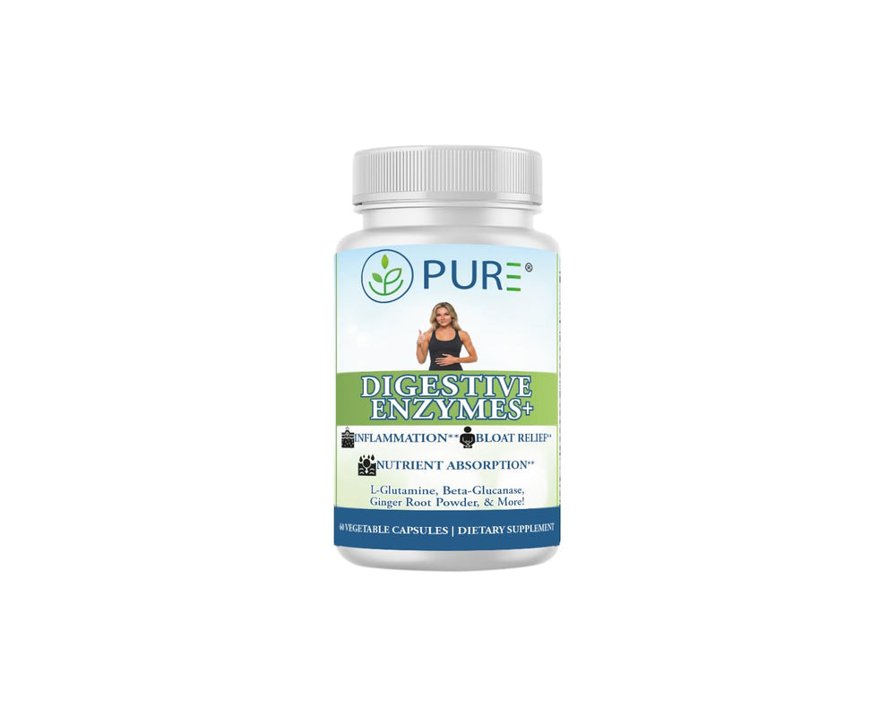 PURE Digestive Enzymes+ bottle front showing advanced enzyme blend for gut support.