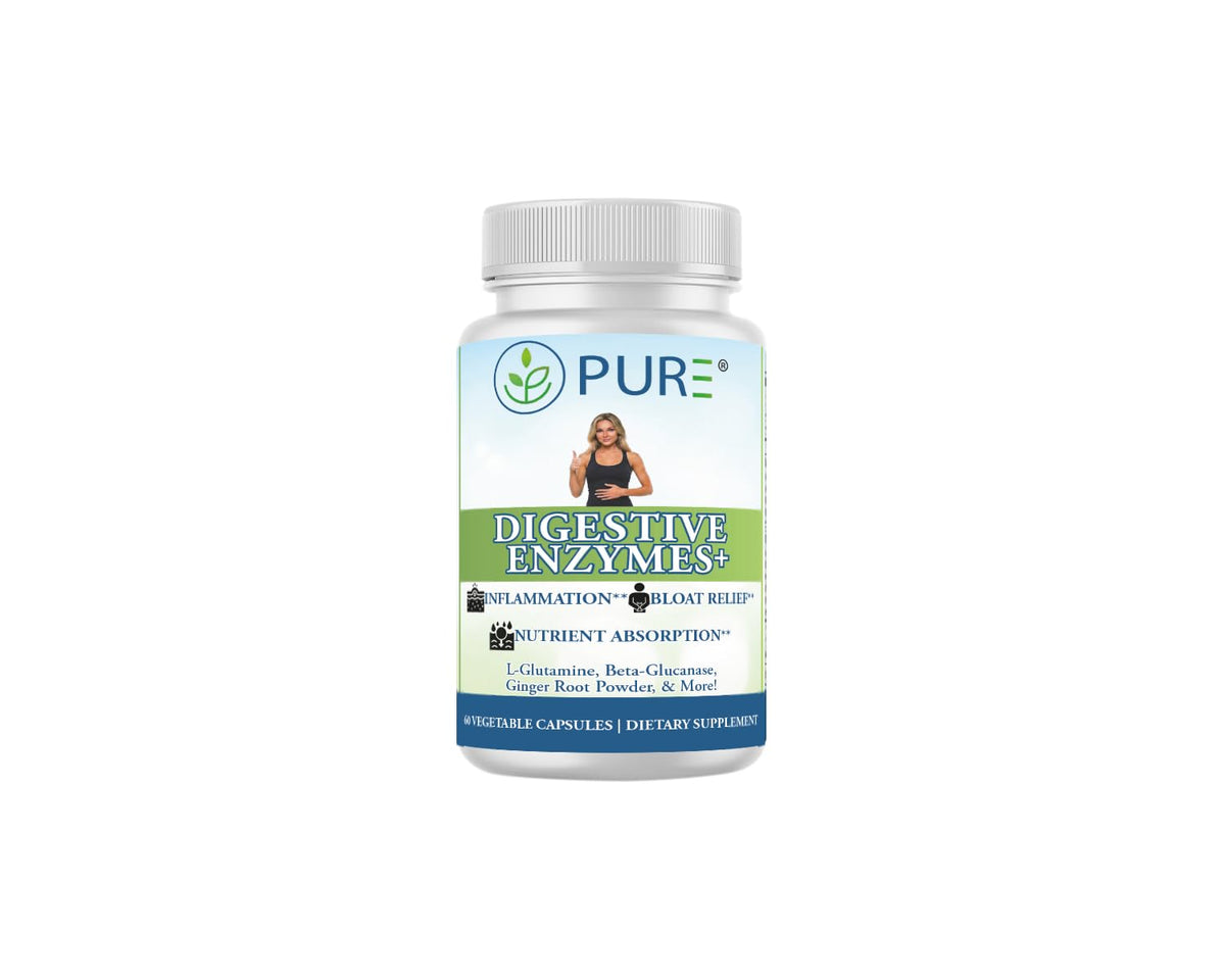 PURE Digestive Enzymes+ bottle front showing advanced enzyme blend for gut support.