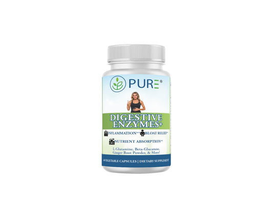 PURE Digestive Enzymes+ bottle front showing advanced enzyme blend for gut support.