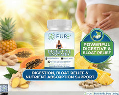 Capsules closeup of PURE Digestive Enzymes+ for easy daily digestion.