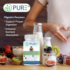 Ingredients panel on PURE Digestive Enzymes+ shows 18-ingredient formula.