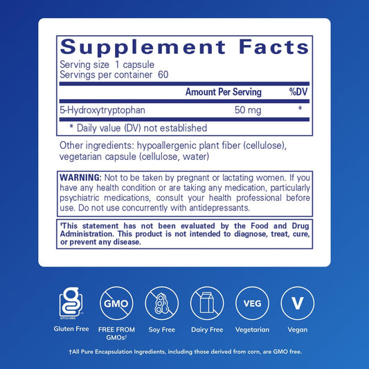 Pure Encapsulations 5-HTP label close-up highlighting 60 capsules for daily use.