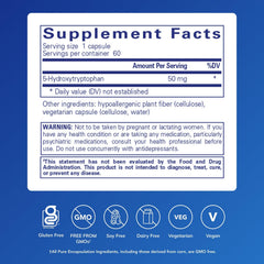 Pure Encapsulations 5-HTP label close-up highlighting 60 capsules for daily use.