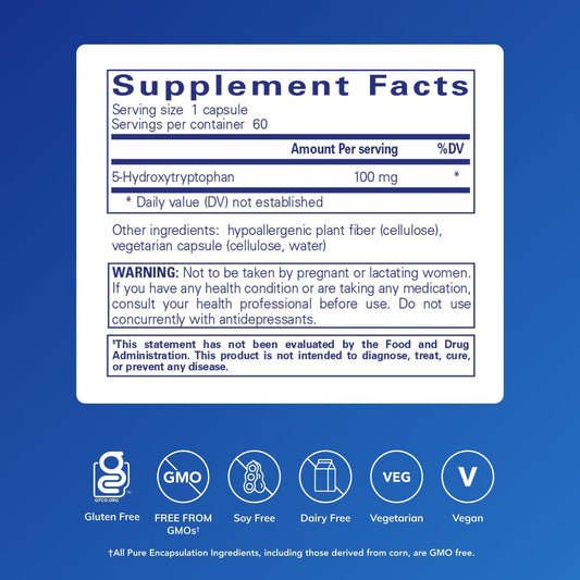 Pure Encapsulations 5-HTP capsules close-up for serotonin support.