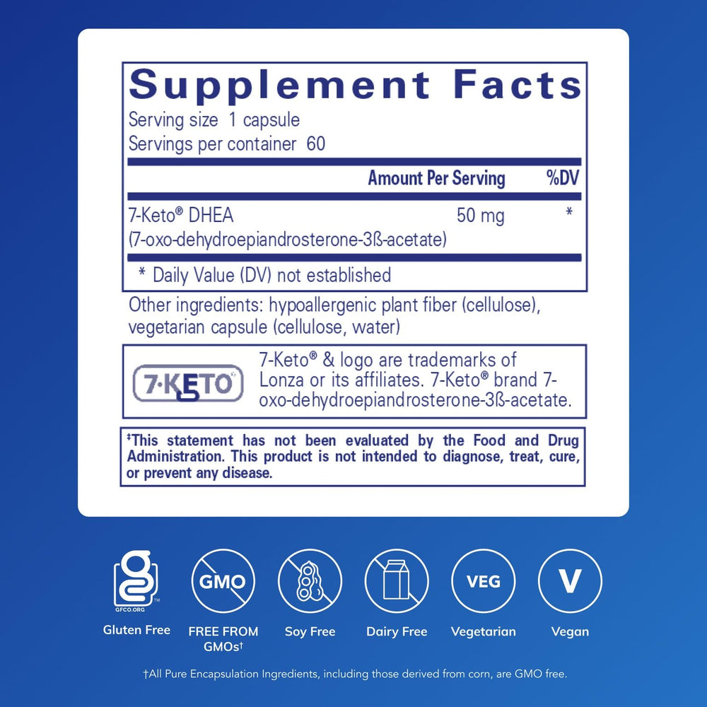 Pure Encapsulations 7-Keto DHEA bottle close-up, suggesting metabolic support during a balanced routine.