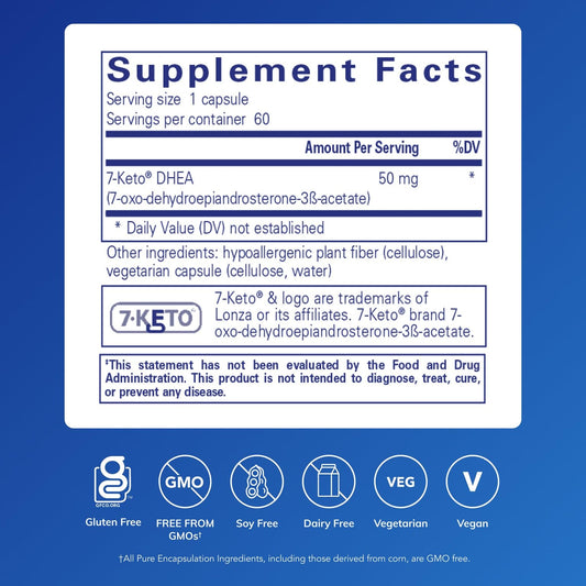 Pure Encapsulations 7-Keto DHEA bottle close-up, suggesting metabolic support during a balanced routine.