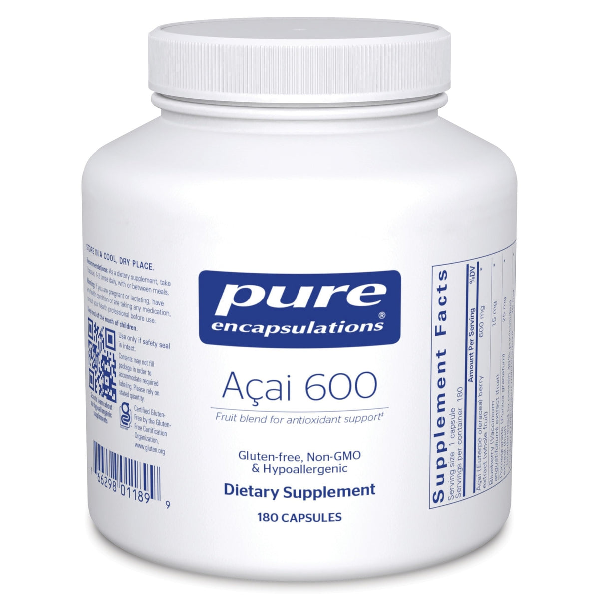 Pure Encapsulations Acai 600 bottle front, premium vegan antioxidant supplement