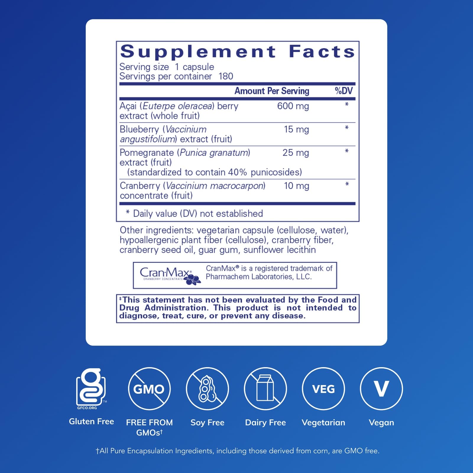 Pure Encapsulations Acai 600 bottle label, transparent ingredient details