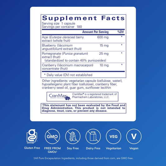 Pure Encapsulations Acai 600 bottle label, transparent ingredient details