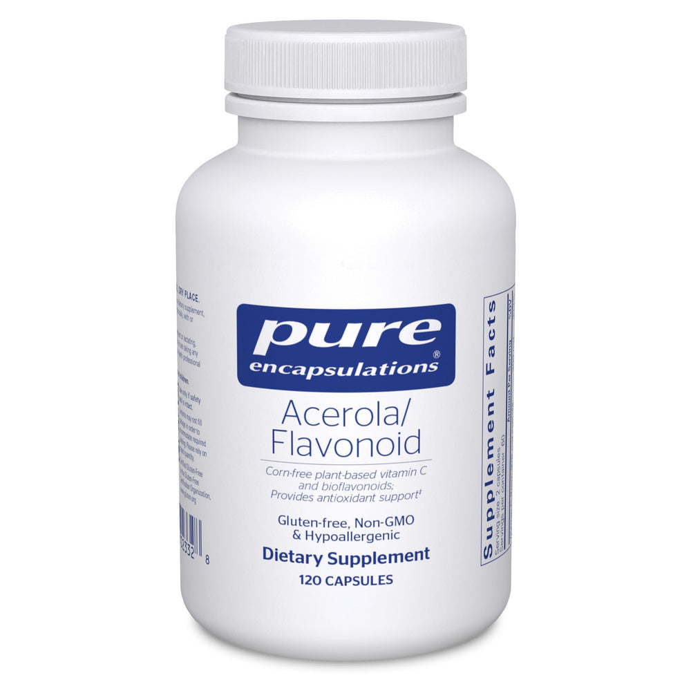 Pure Encapsulations Acerola/Flavonoid bottle highlights antioxidant support from acerola vitamin C