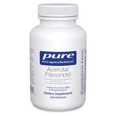 Pure Encapsulations Acerola/Flavonoid bottle highlights antioxidant support from acerola vitamin C