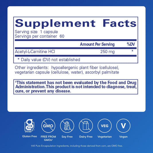 Pure Encapsulations Acetyl-L-Carnitine 250 mg capsules ready for daily focus and mental clarity