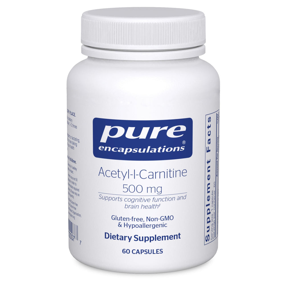 Pure Encapsulations Acetyl-L-Carnitine bottle on wood for memory support.