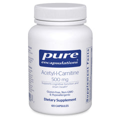 Pure Encapsulations Acetyl-L-Carnitine bottle on wood for memory support.