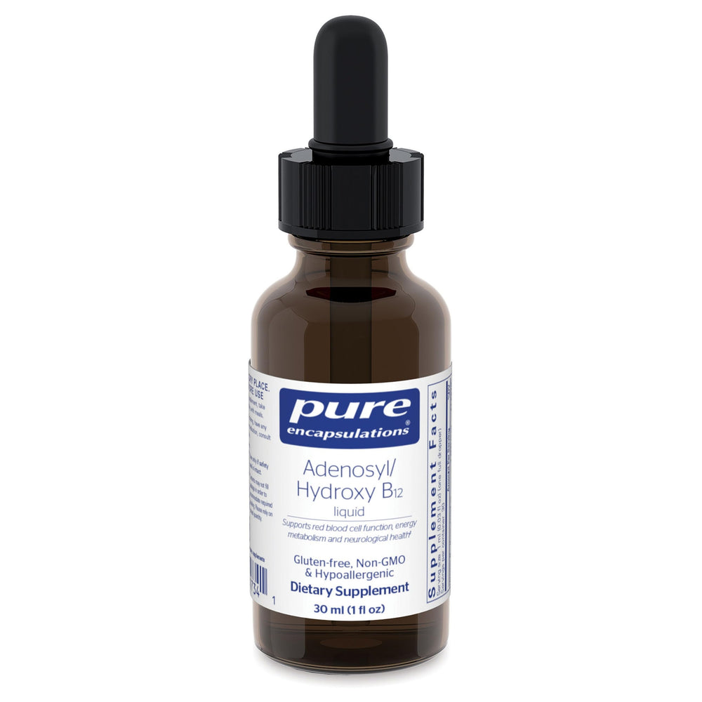 Pure Encapsulations Adenosyl/Hydroxy B12 Liquid bottle offers vegan, gluten-free energy support.