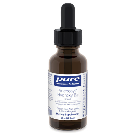 Pure Encapsulations Adenosyl/Hydroxy B12 Liquid bottle offers vegan, gluten-free energy support.