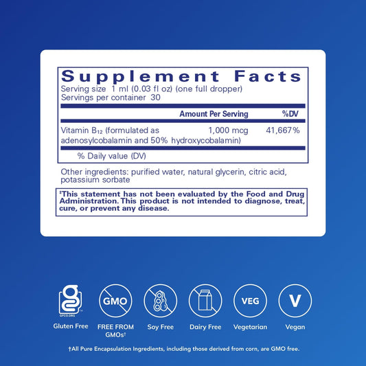 Dropper on Pure Encapsulations Adenosyl/Hydroxy B12 Liquid enables precise daily dosing.