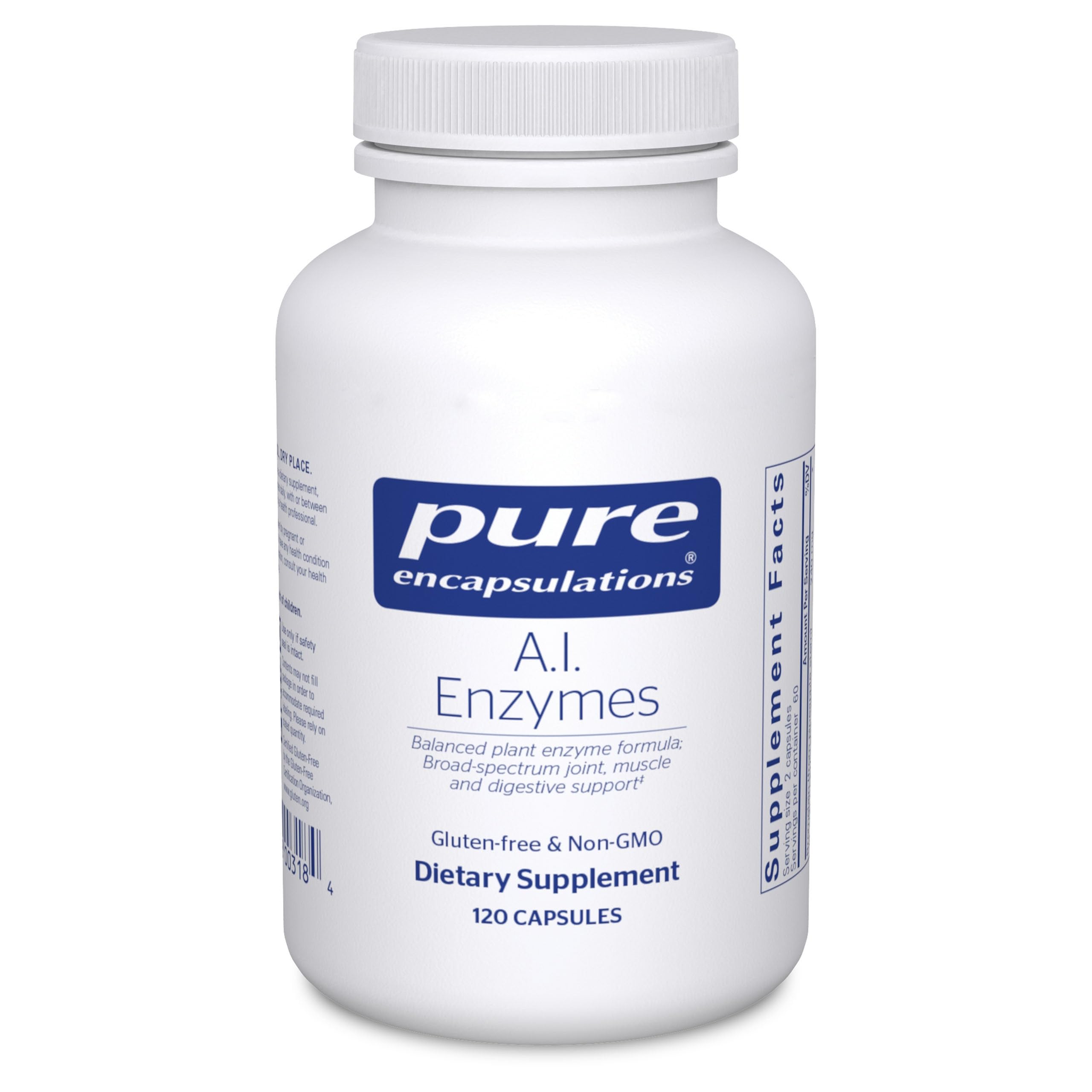 Pure Encapsulations A.I. Enzymes bottle view highlighting plant-based digestive support