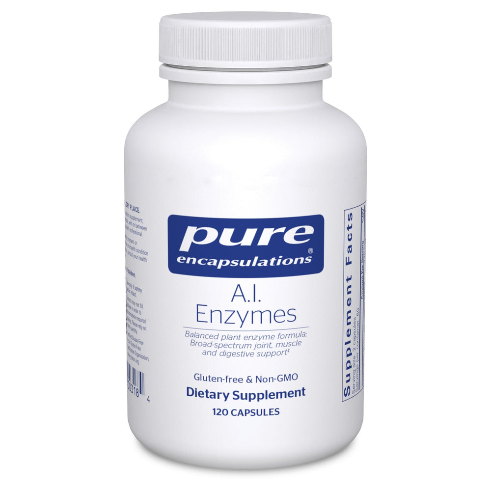 Pure Encapsulations A.I. Enzymes bottle view highlighting plant-based digestive support