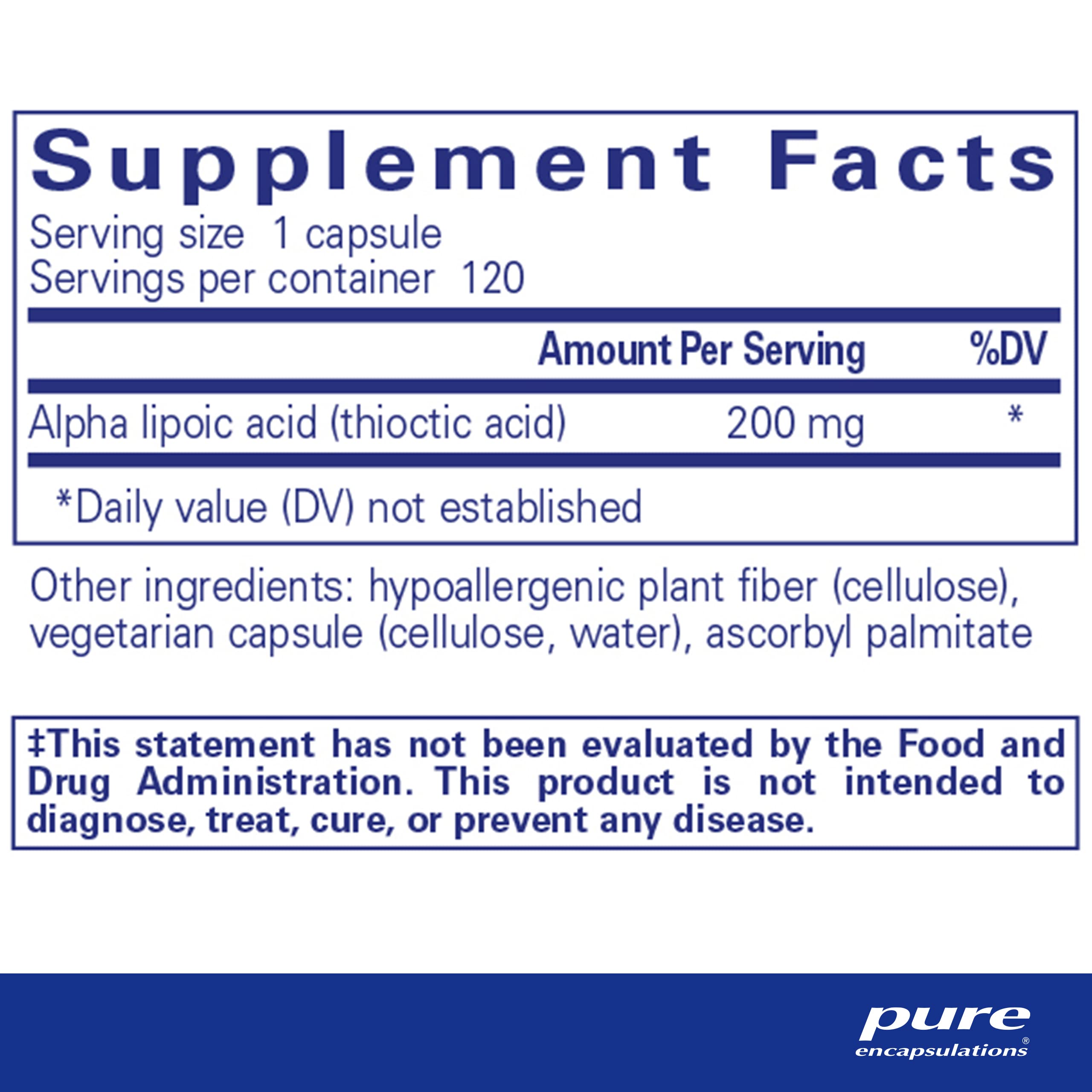 Pure Encapsulations Alpha Lipoic Acid 200mg capsules close-up for precise dosing