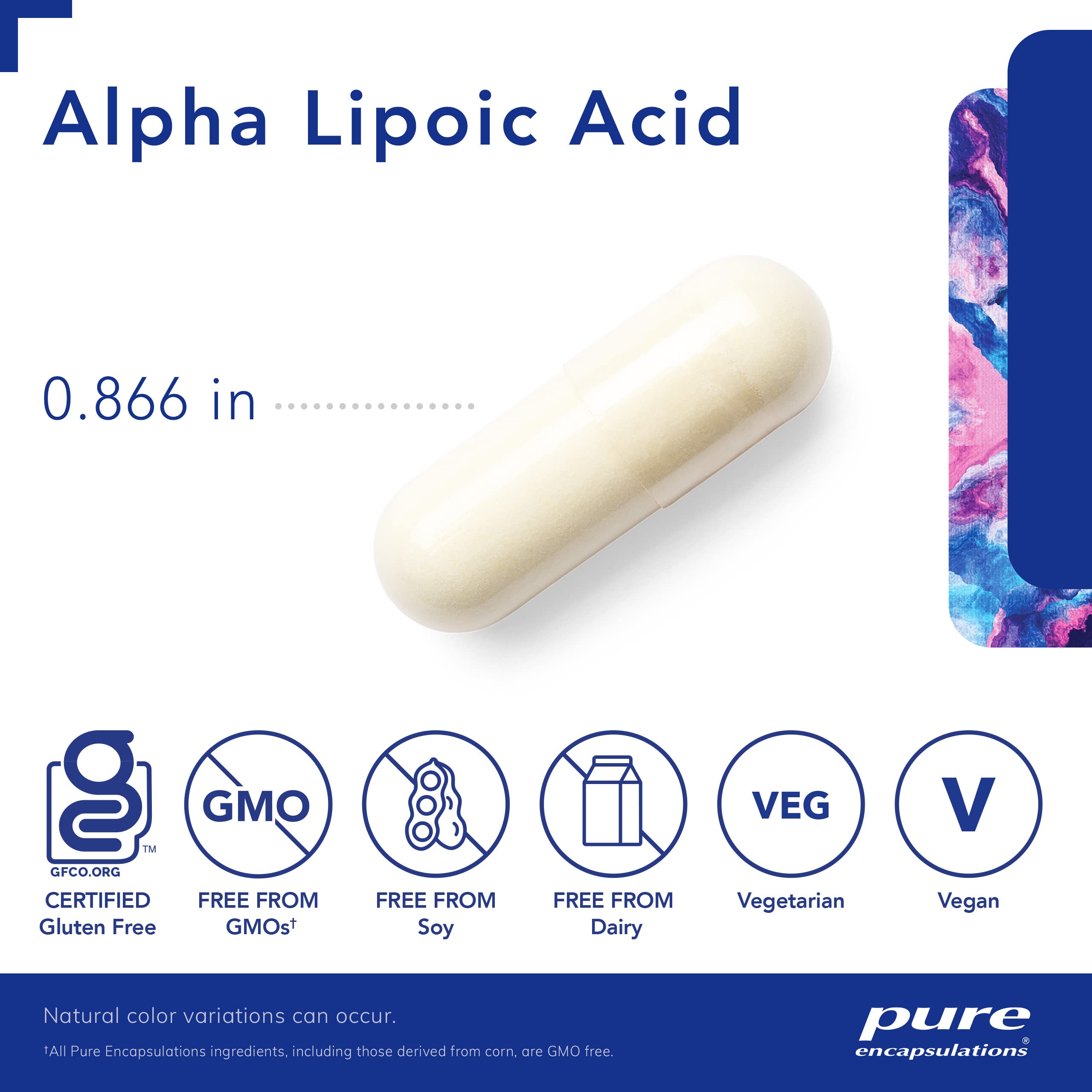 Pure Encapsulations Alpha Lipoic Acid 200mg label details show ingredients and allergen-free claim