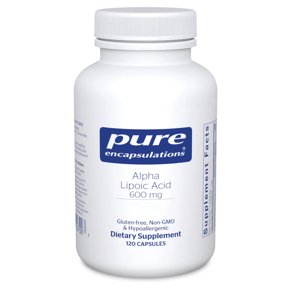 Pure Encapsulations Alpha Lipoic Acid bottle with label highlighting premium antioxidant support.