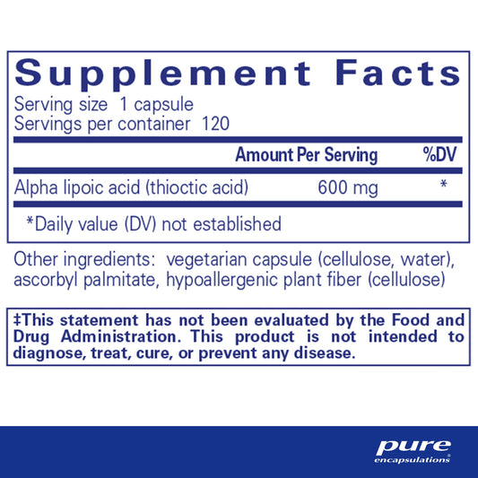 Pure Encapsulations Alpha Lipoic Acid capsules arranged for daily antioxidant support.