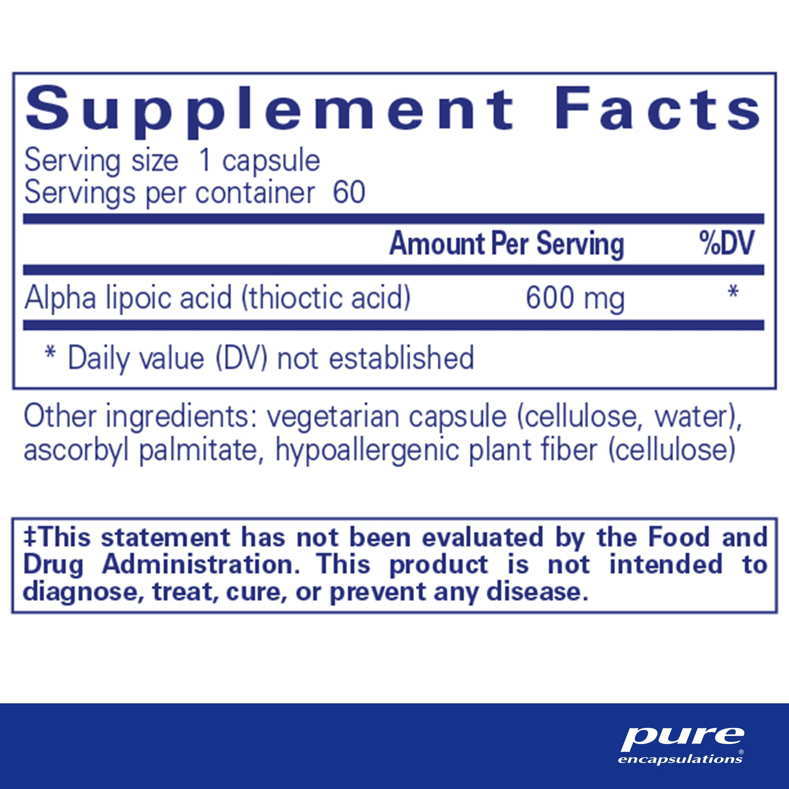 Pure Encapsulations Alpha Lipoic Acid 600 mg capsules for convenient daily use.