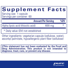 Pure Encapsulations Alpha Lipoic Acid 600 mg capsules for convenient daily use.