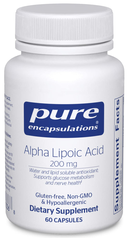 Pure Encapsulations Alpha Lipoic Acid bottle shows vegan, non-GMO formulation.