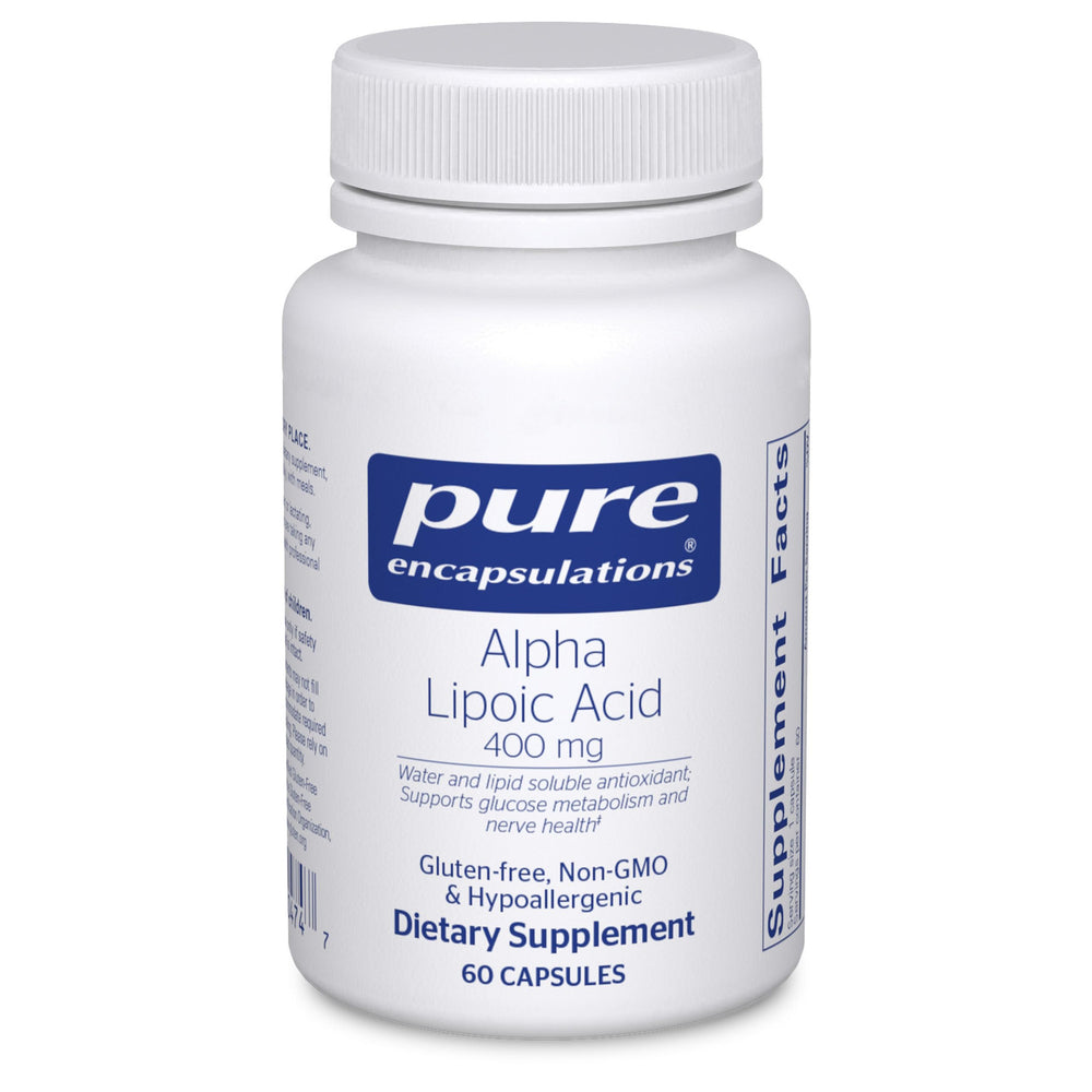 Pure Encapsulations Alpha Lipoic Acid bottle shown for daily energy support.