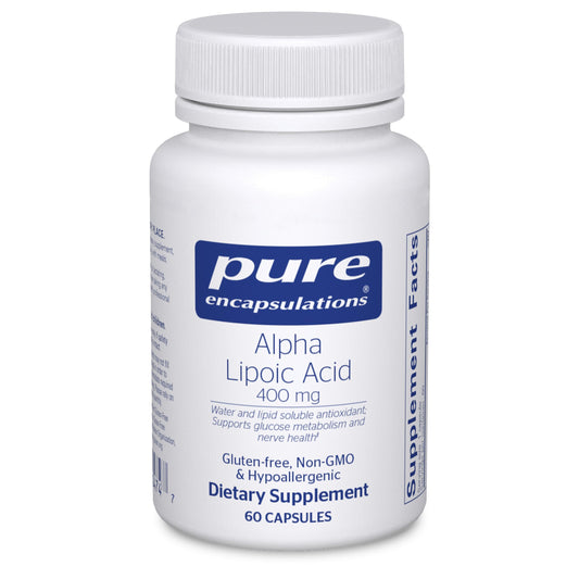 Pure Encapsulations Alpha Lipoic Acid bottle shown for daily energy support.