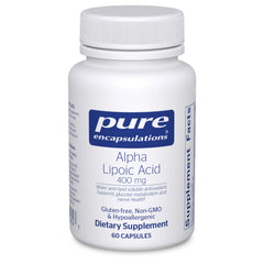 Pure Encapsulations Alpha Lipoic Acid bottle shown for daily energy support.