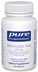 Pure Encapsulations Alpha Lipoic Acid bottle shows vegan, non-GMO formulation.