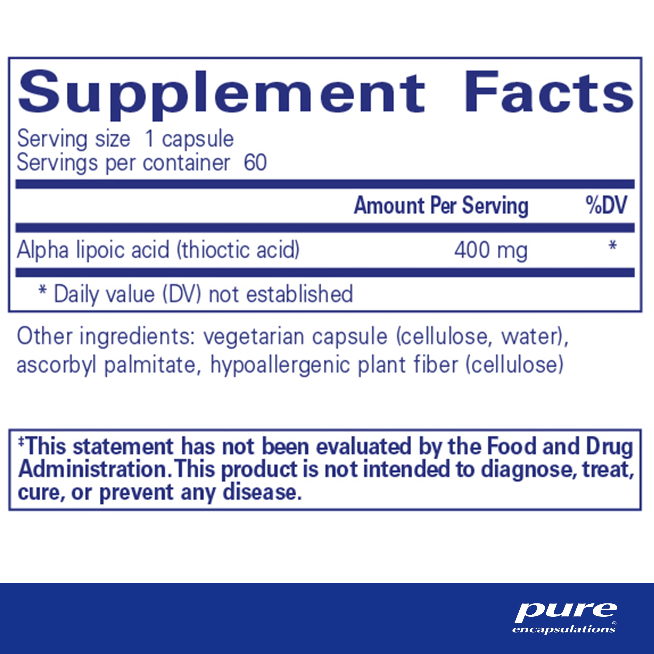 Pure Encapsulations Alpha Lipoic Acid capsules close-up for convenient daily use.