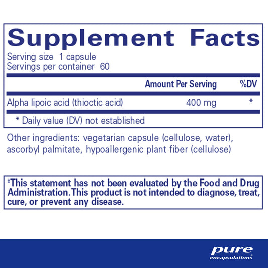 Pure Encapsulations Alpha Lipoic Acid capsules close-up for convenient daily use.