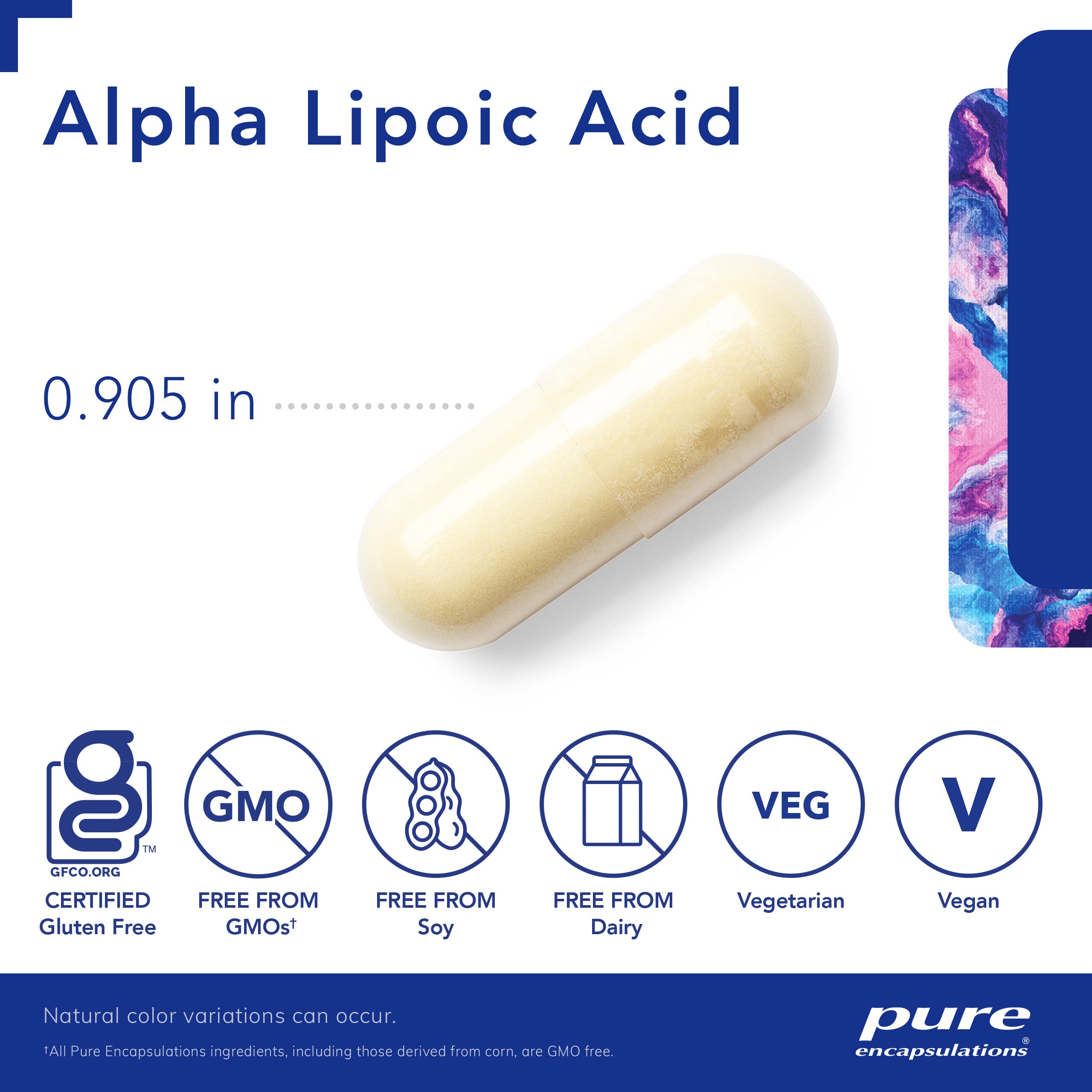 Pure Encapsulations Alpha Lipoic Acid label close-up emphasizing purity and potency.