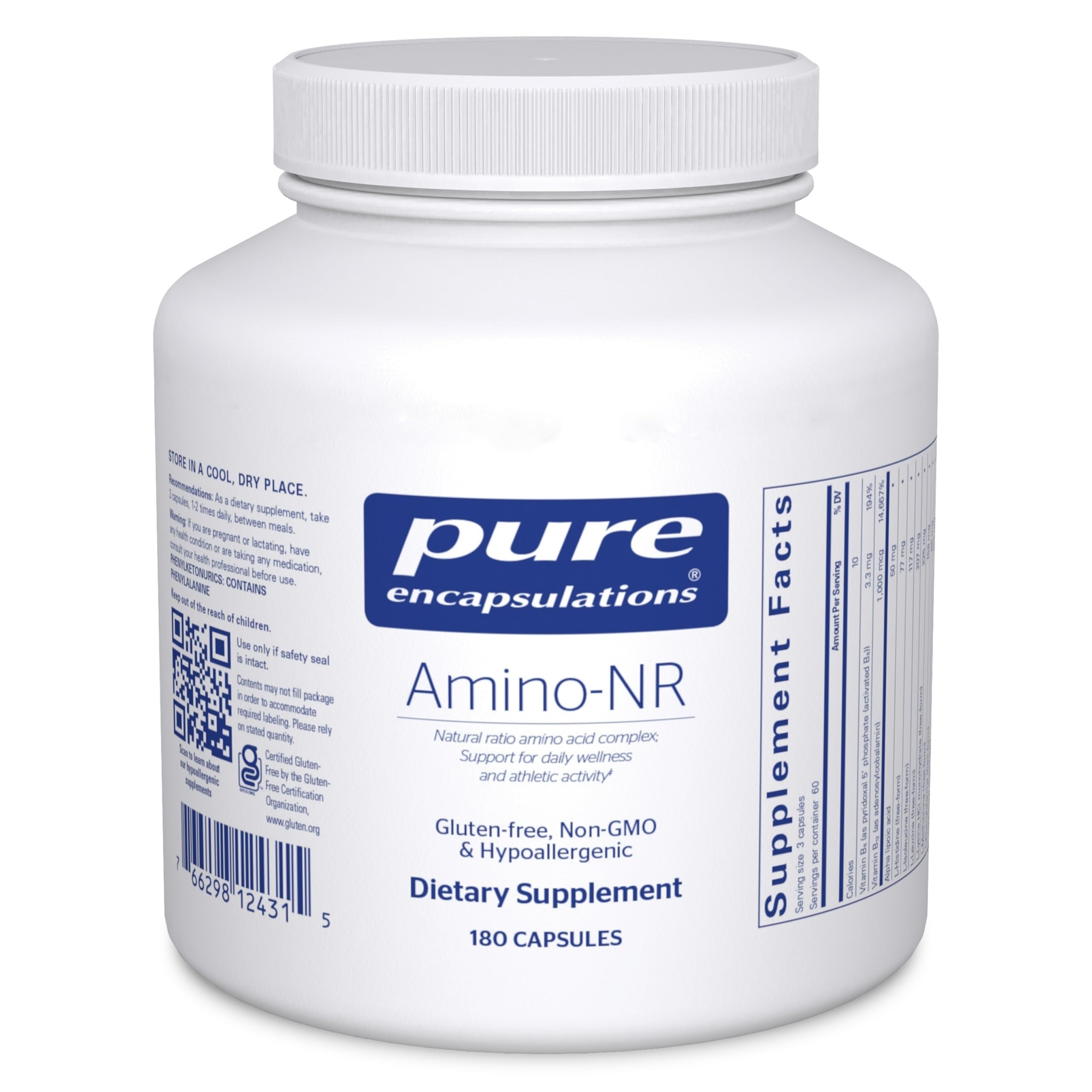 Pure Encapsulations Amino-NR bottle front supports daily muscle recovery and energy.