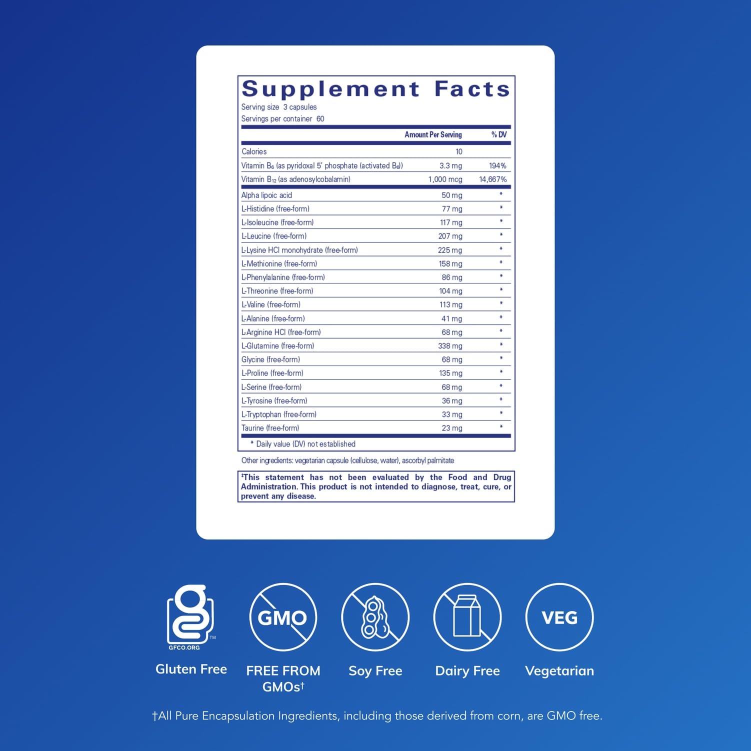 Pure Encapsulations Amino-NR capsules closeup shows easy daily dosing for immune and energy support.