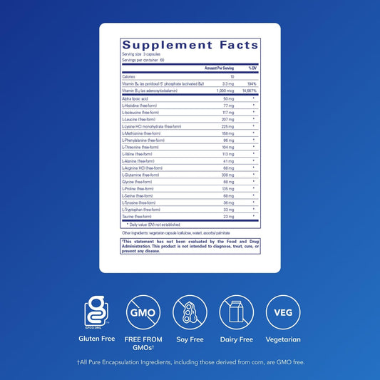 Pure Encapsulations Amino-NR capsules closeup shows easy daily dosing for immune and energy support.