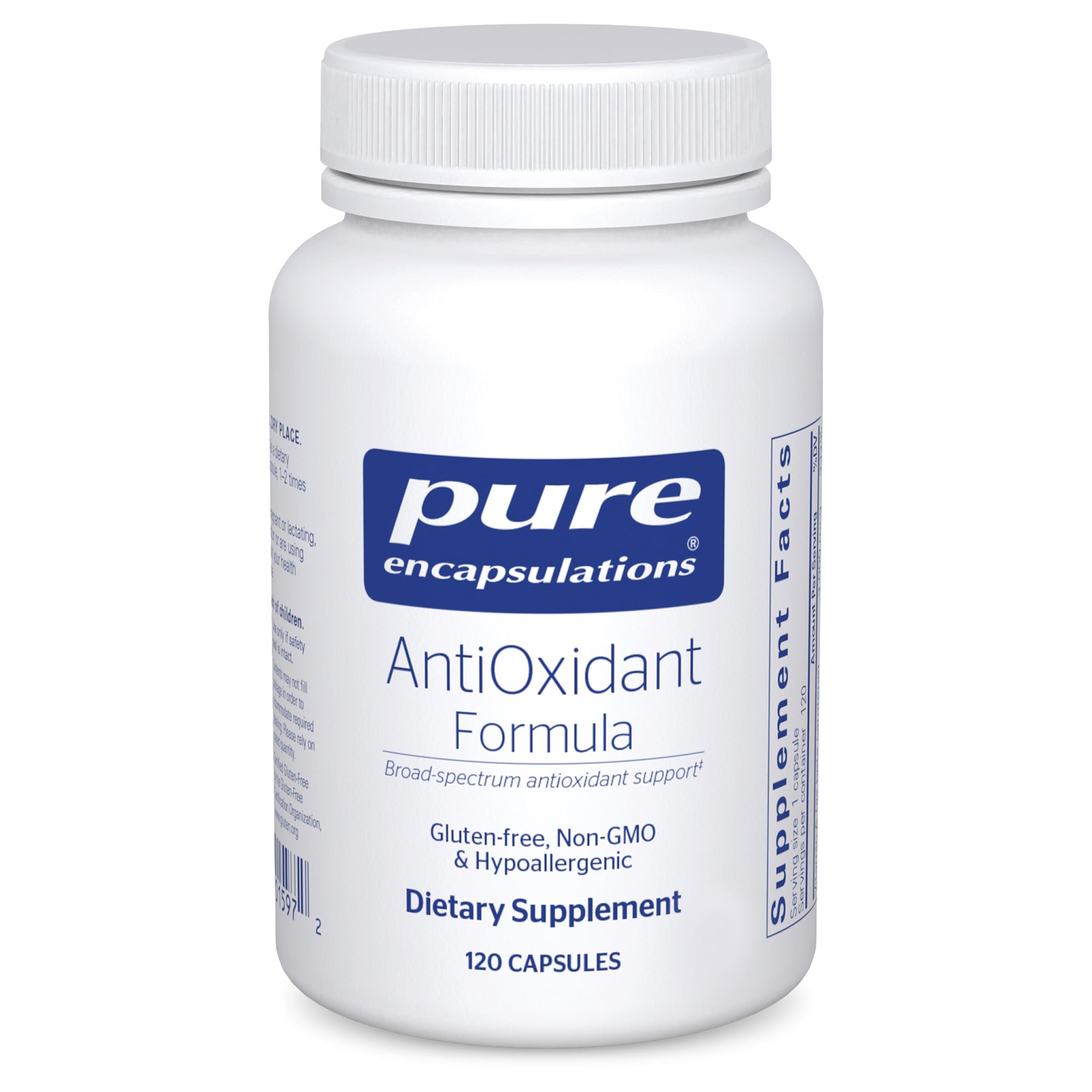 Pure Encapsulations AntiOxidant Formula bottle showing broad spectrum antioxidant support for daily wellness.