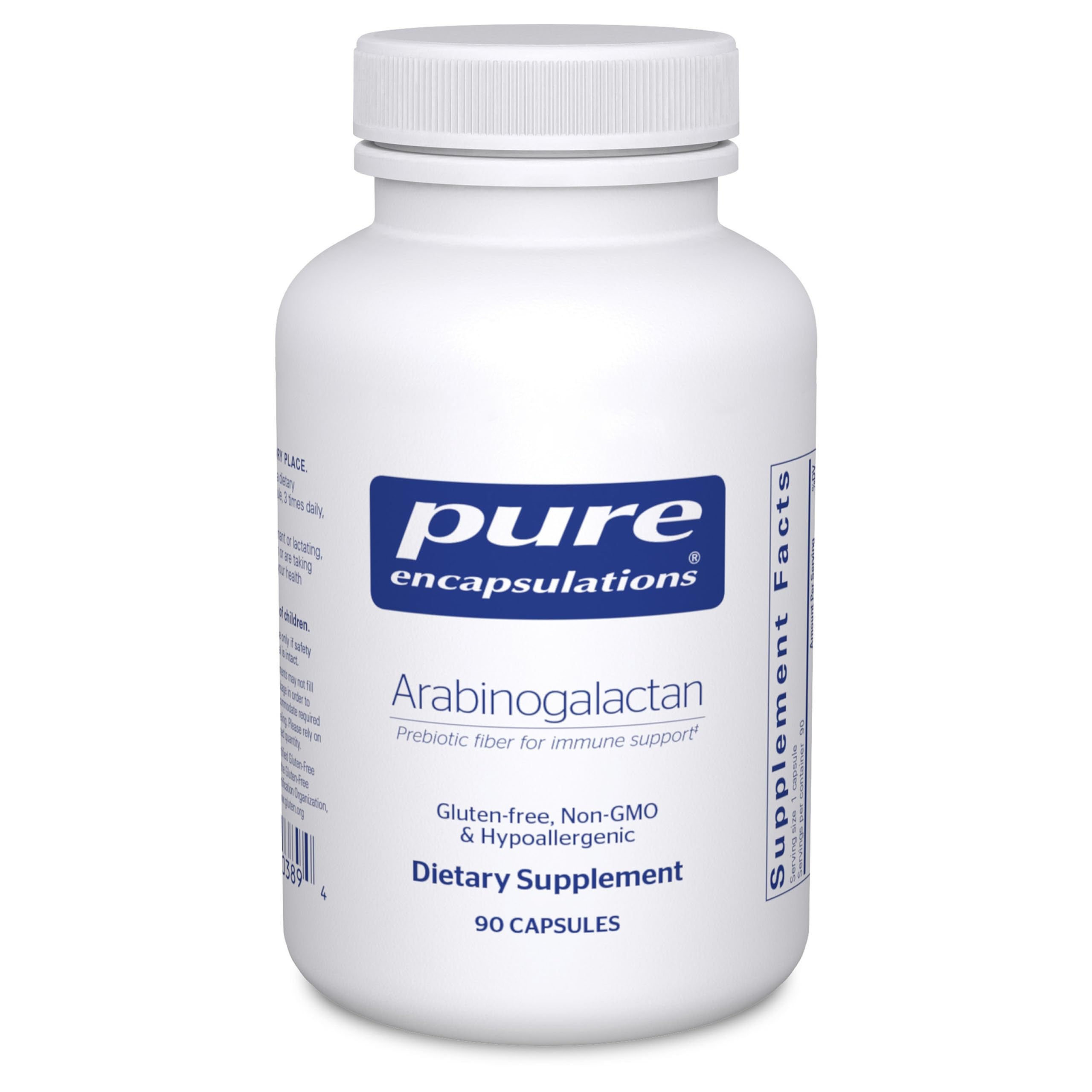 Pure Encapsulations Arabinogalactan bottle with clear label indicating immune and digestive support benefits.