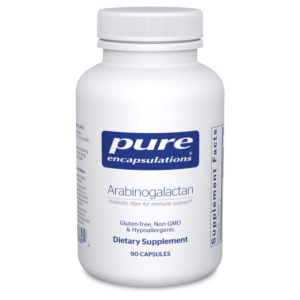Pure Encapsulations Arabinogalactan bottle with clear label indicating immune and digestive support benefits.