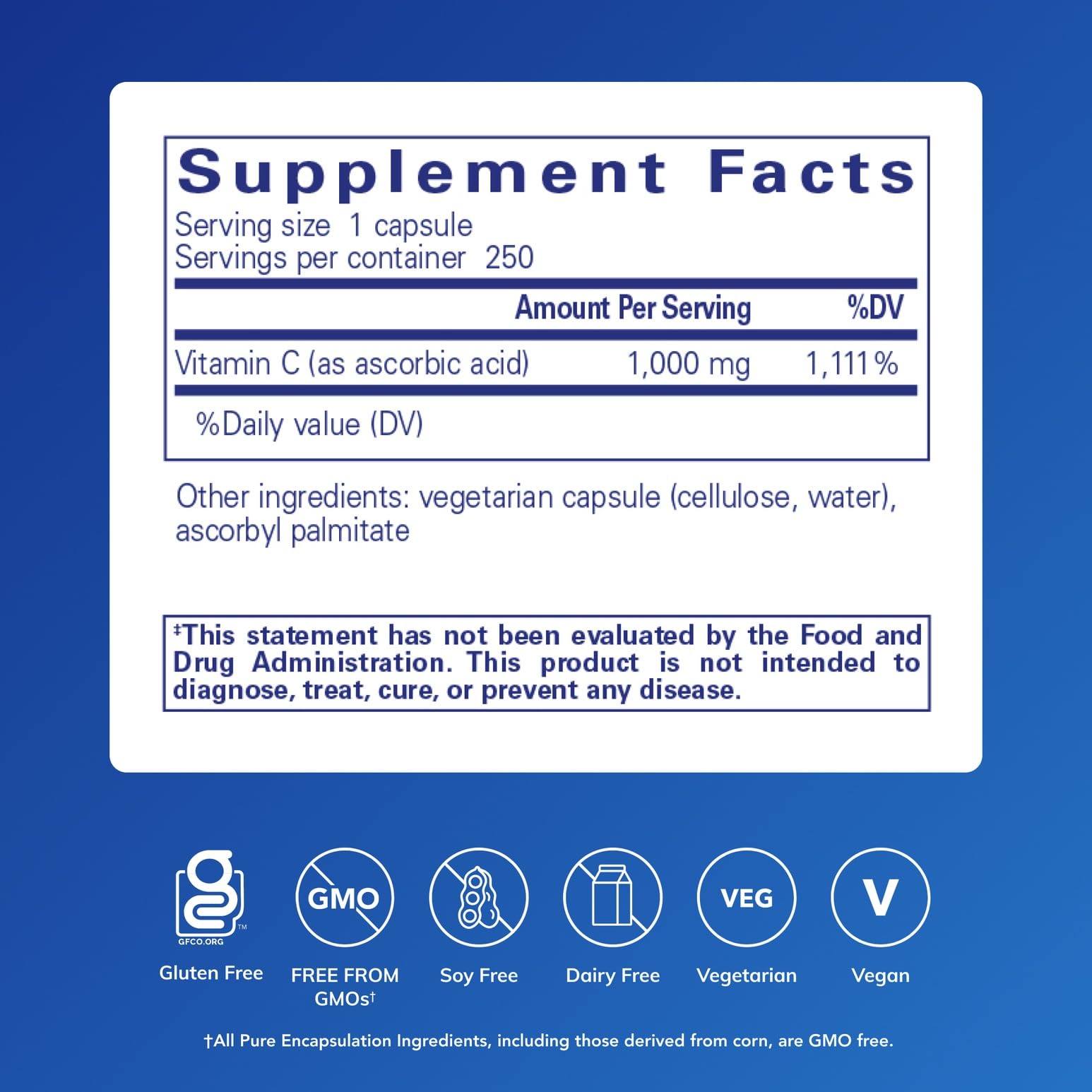 Close-up of Pure Encapsulations Ascorbic Acid capsules illustrating high-potency vitamin C.