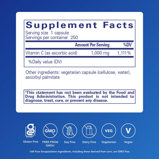 Close-up of Pure Encapsulations Ascorbic Acid capsules illustrating high-potency vitamin C.