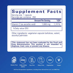 Close-up of Pure Encapsulations Ascorbic Acid capsules illustrating high-potency vitamin C.