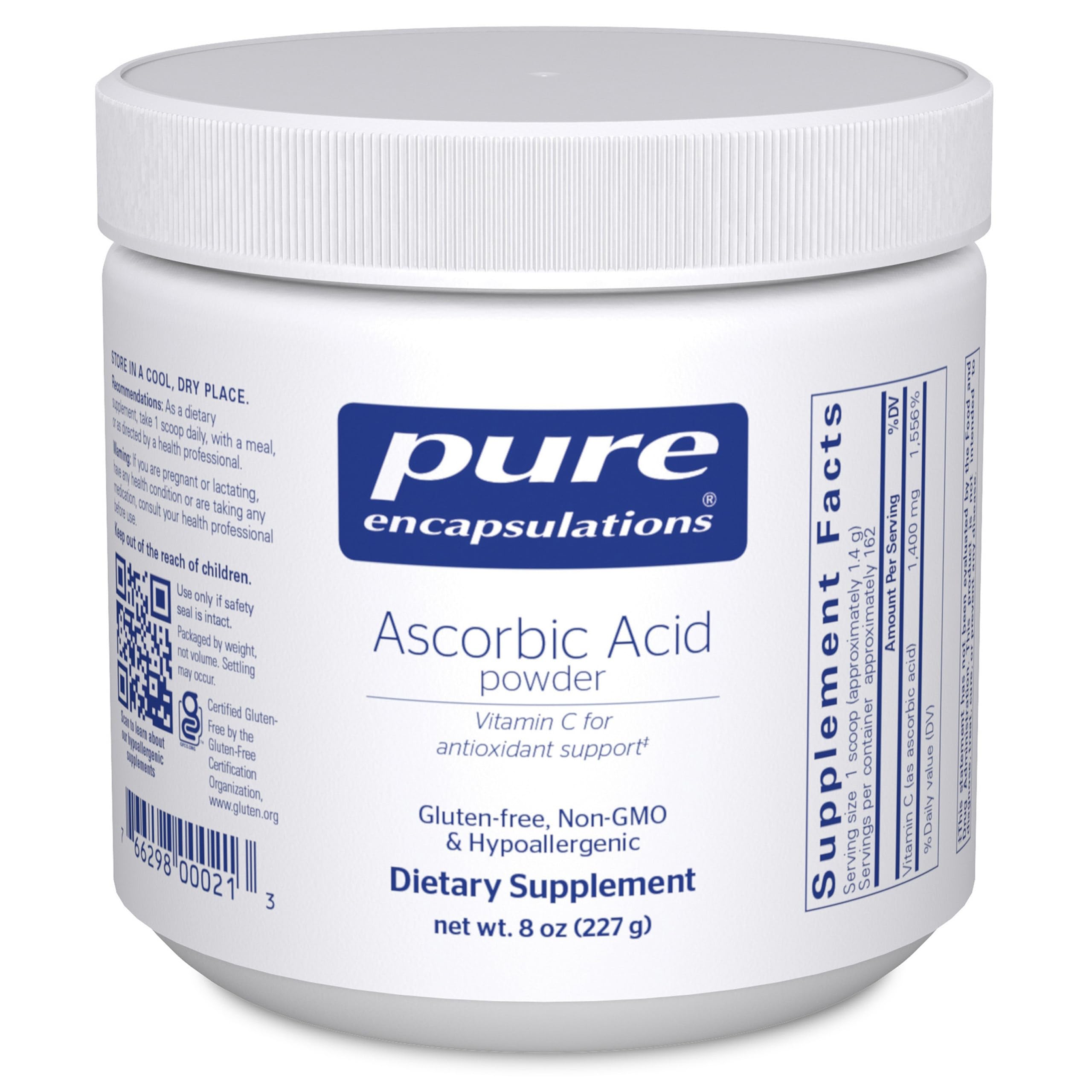 Pure Encapsulations Ascorbic Acid Powder bottle for daily vitamin C support.