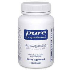 Pure Encapsulations Ashwagandha 500 mg bottle shows premium, GMO-free formula for daily support.